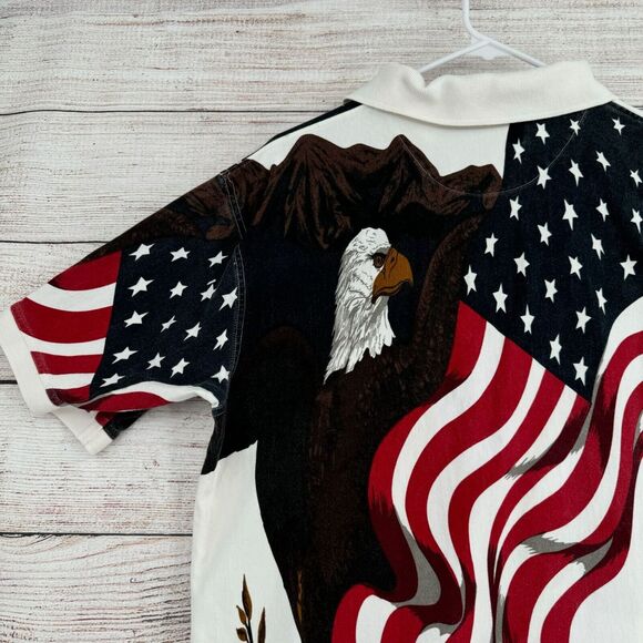 Vintage Royal Air AOP American Flag Bald Eagle Print Polo Shirt Men's L White‎ - Picture 7 of 11